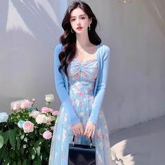 甘い優しい風の青いシフォンの花のサスペンダーのワンピースの2つのセットの女性の青いカーディガンのスーツの春夏の新型