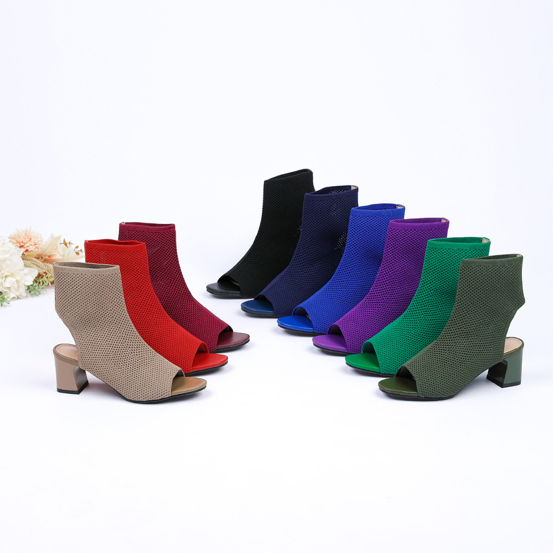 High-Heeled Sandals for Women, Fish Mouth, Pointed Toe, Open Toe, Hollow Knitted Back, Thick Heel Short Boots, Fashionable Foot Covers, Multi-Color Boots