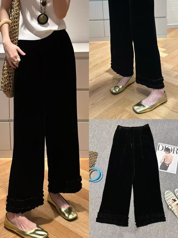 夏のファッショナブルでスタイリッシュなウエストゴム、耳付きパンツ、ゆったりとしたドレープのシルクベルベットストレートカジュアルパンツ|undefined