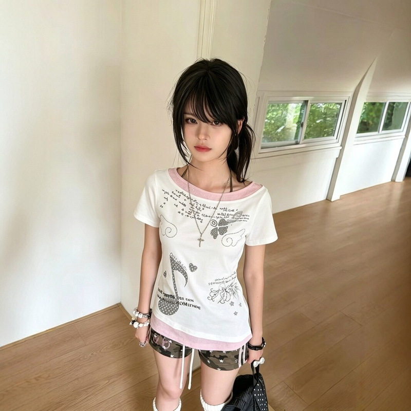 【210G 40-Count Fine Cotton】Subculture Style Fake Two-Piece Musical Note Polka Dot Print Short-Sleeve T-Shirt for Women, Summer Spicy Girl Top