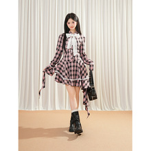 甜心crush 法式森女甜美辣妹蕾丝格纹长袖连衣裙秋季新款短款裙子