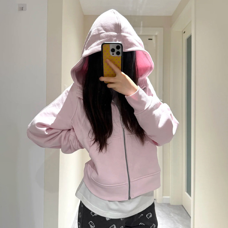 Autumn Short Scuba Jacket for Women, Petite Top with Regular Shoulders, Hooded Early Autumn Pink Zip-Up Sweatshirt