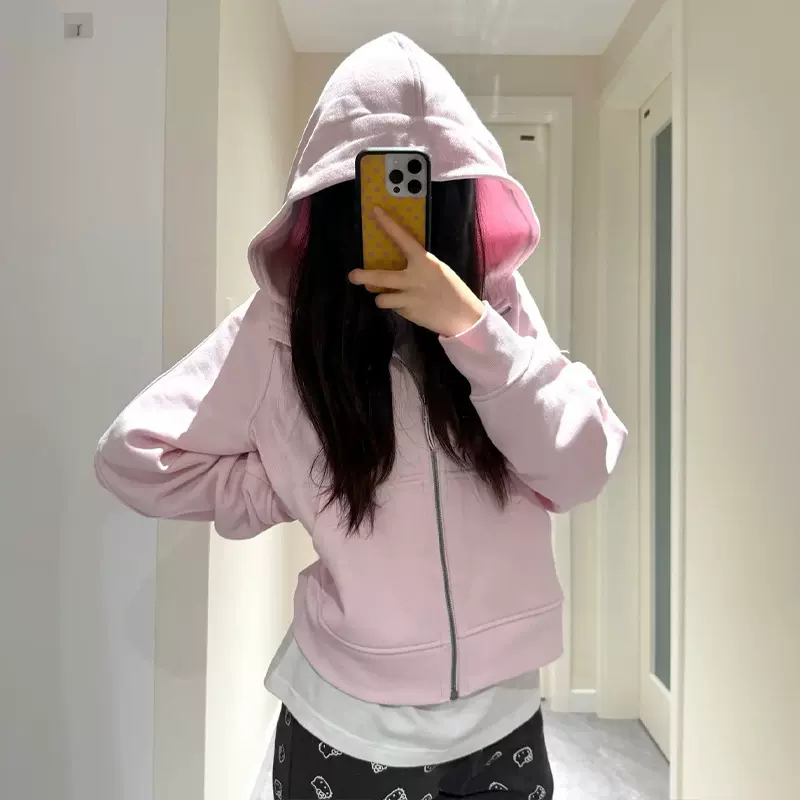 秋季短款scuba外套女式小个子上衣正肩连帽早秋粉色拉链开衫卫衣