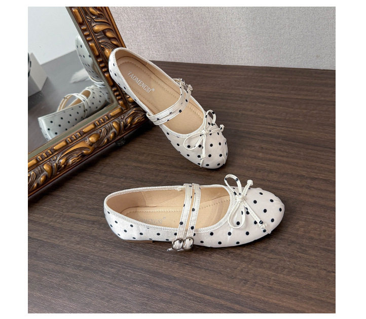 Giày búp bê Mary Jane nữ mũi tròn chất liệu satin chấm bi thắt nơ, đế bằng gót thấp — Màu hồng, Màu trắng, màu đen chi tiết 29