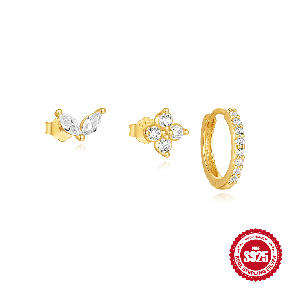 Europeo y americano transfronterizo s925 plata de ley estilo ins simple orejeras clásicas estrella de cinco puntas corona relámpago juego de diamantes