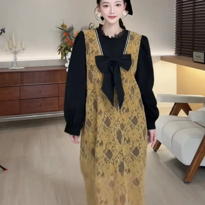 Dd [Asuma Naixun] Dress for Women with Niche Design, Autumn Internet Celebrity Long Dress, Faux Two-Piece Elegant Ins