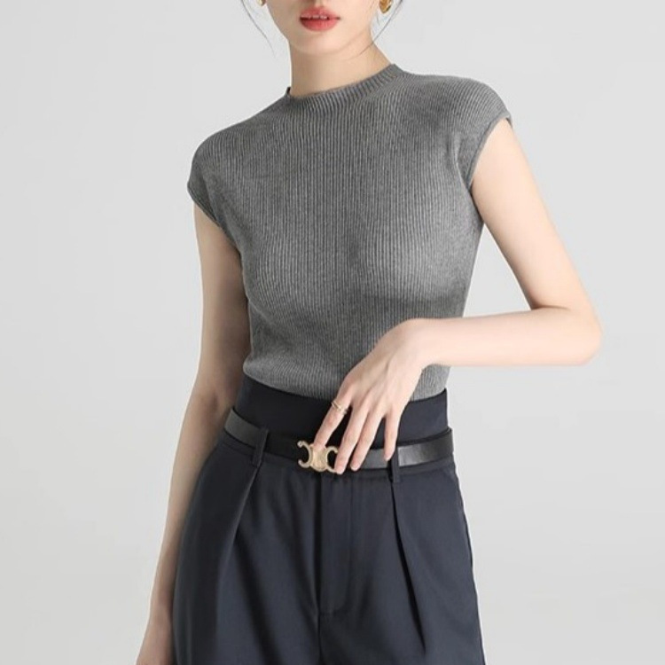 Xiyu Studio Gray Half-High Collar Ice Silk Knitted Short-Sleeved T-Shirt for Women, Summer Thin Style Slimming and Elegant Top Xiyu Studio Gray Half-High Collar Ice Silk Knitted Short-Sleeved T-Shirt for Women, Summer Thin Style Slimming and Elegant Top
