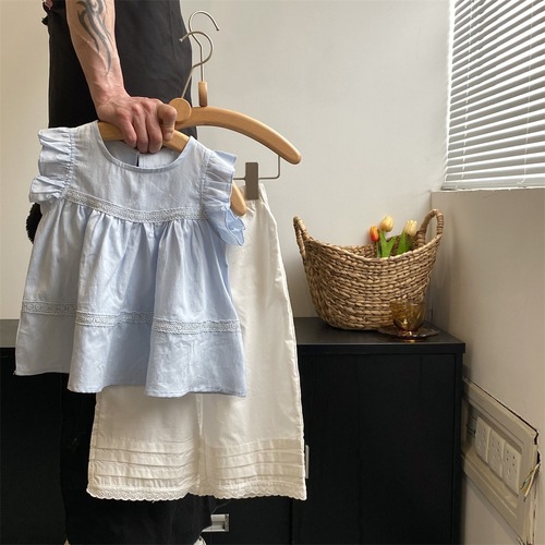 Korean style girls' sleeveless babydoll shirt 2024 summer baby girl pastoral style top small and medium children's clothing shirt