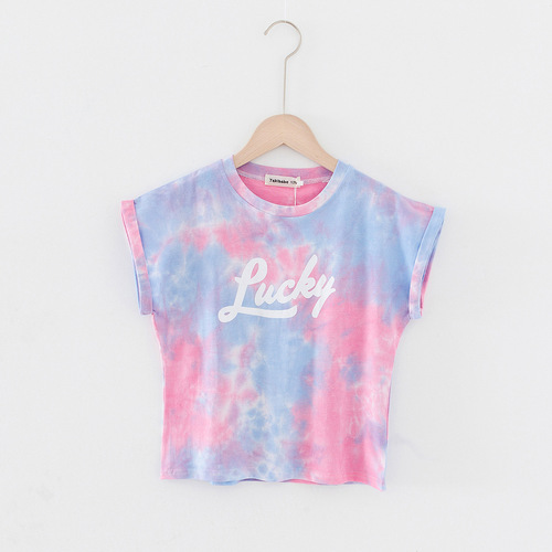2024 summer style short-sleeved parent-child T-shirt with western style Korean style tie-dye printed loose top cross-border shipping