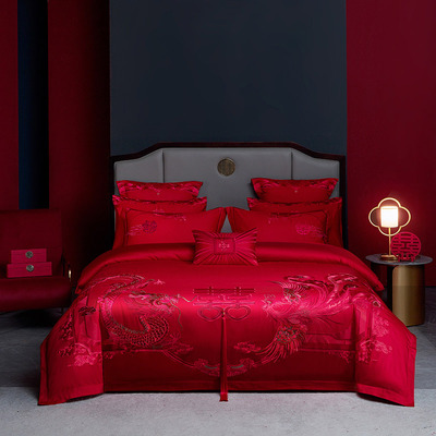 Light extravagance Chinese style marry bright red The bed Supplies Hi marry Cotton Jet Satin Embroidery Wedding celebration Four piece suit Six piece set