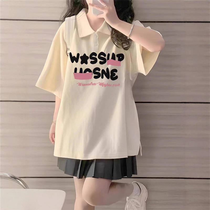 College Style Polo Shirt Short-Sleeved T-Shirt for Women Apricot Summer Lapel Junior High School and High School College Students Loose Cotton Top