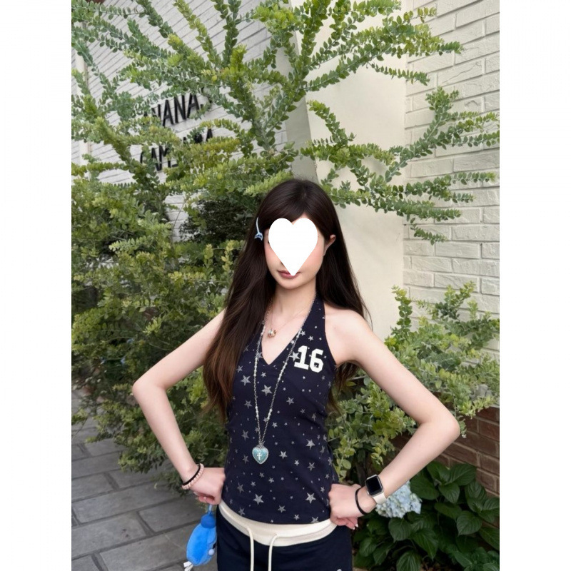 Wholesale [Cross-Border Factory Wholesale Ribbed Fabric 210g 1*1 + Full Stitching + Silver Foil] Trendy Halter Neck Top