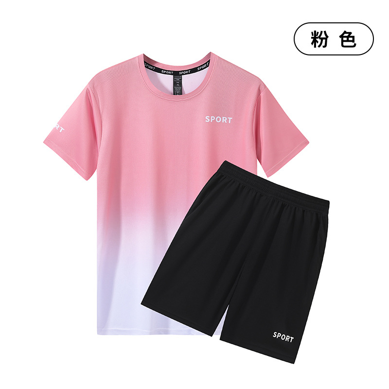 Trajes de deportes de ocio transfronterizos para hombres rápidos secos de manga corta correr transpirable acondicionamiento físico de verano de dos piezas ropa de transporte de seda de hielo gradiente
