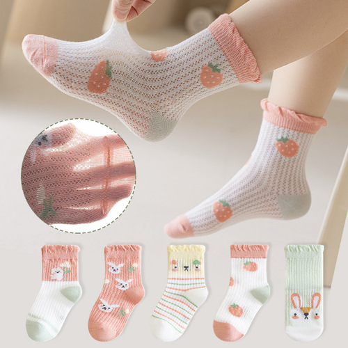 Spring and summer thin mesh glass silk children's socks cute cartoon mid-calf cotton socks boys girls baby socks wholesale