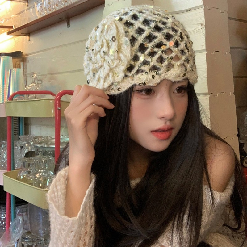 复古文艺风亮片花朵包头帽女秋冬手工钩针镂空针织毛线帽套头帽子|undefined