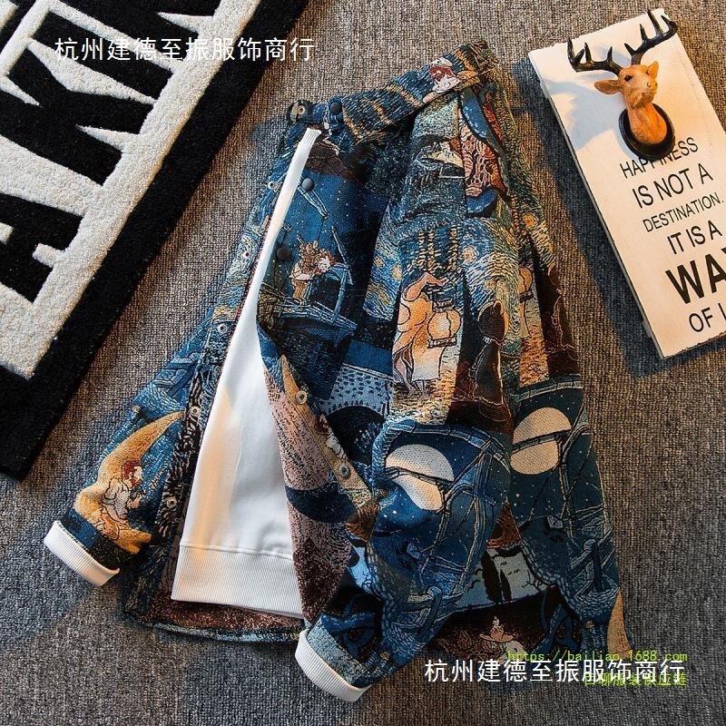 Men's American Retro Van Gogh Oil Painting Shirt Long-Sleeve Trendy Brand Art Student Shirt Casual Jacket Wholesale