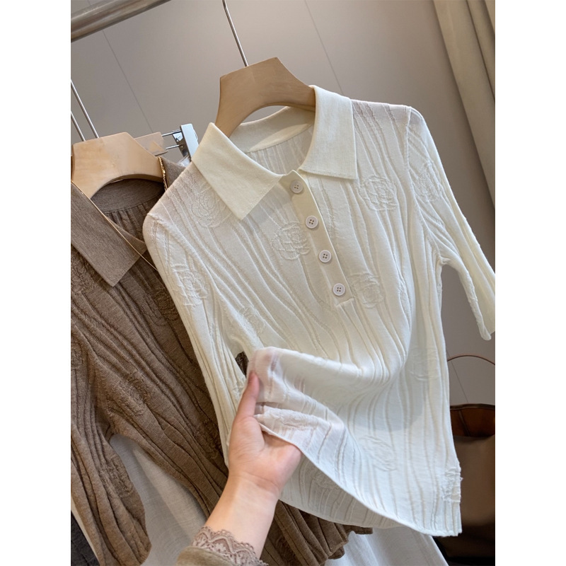 2026 New Casual Style Lapel Mid-Sleeve Knit Sweater for Women, Four-Button Textured Polo Shirt, Fashionable Top 2026 New Casual Style Lapel Mid-Sleeve Knit Sweater for Women, Four-Button Textured Polo Shirt, Fashionable Top