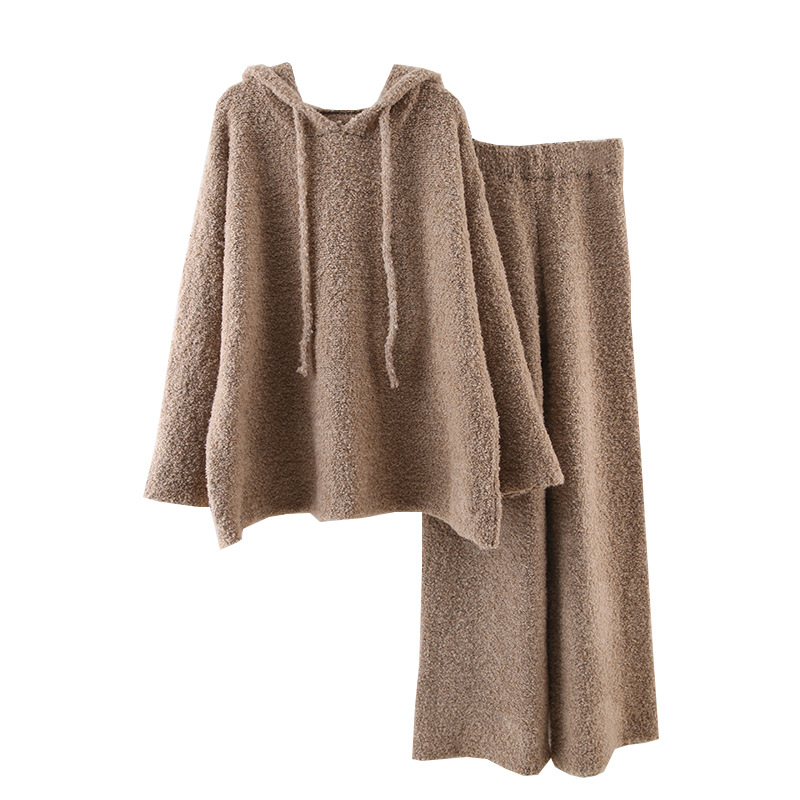 Naisterõivad laisk väike kootud ülikond naistele sügis ja talv Maillard kannab moodne kampsun laia säärega püksid kaheosaline ülikond_voghion.com