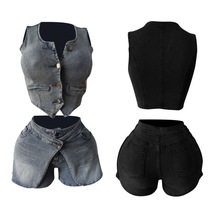 新款牛仔马甲短裤套装MZ88641现货欧美跨境热卖弹力围裙短裤套装