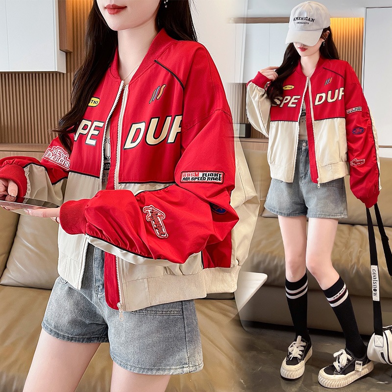 High-end spring women's motorcycle jacket, versatile color-blocked coat, stand-up collar, short style, embroidered letter outerwear, baseball jacket