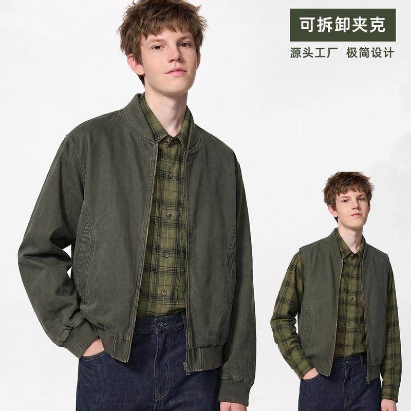 Stand-up collar barn jacket with detachable sleeves, a crisp and short barn-style clean-fit casual coat Stand-up collar barn jacket with detachable sleeves, a crisp and short barn-style clean-fit casual coat