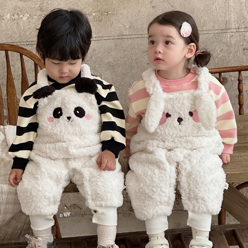 Ropa de otoño e invierno para bebés Suéter a rayas para niños coreanos Monos de lana de dibujos animados lindos Traje de salida de dos piezas