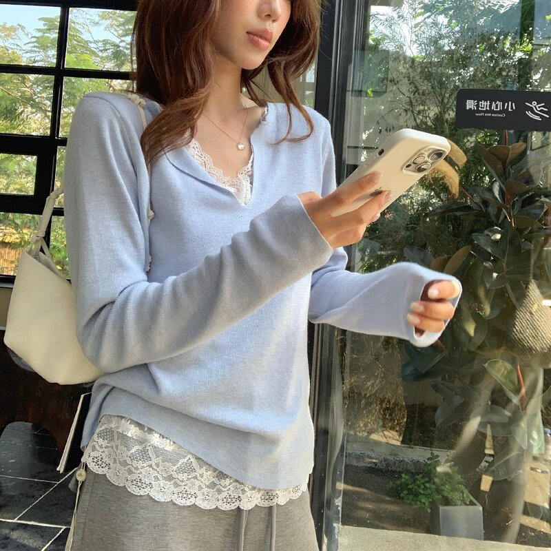 The Limon Lemon Green Tea 2026 Early Spring French Gentle Style V-Neck Lace Patchwork Knitwear Women's Top The Limon Lemon Green Tea 2026 Early Spring French Gentle Style V-Neck Lace Patchwork Knitwear Women's Top
