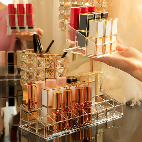 Simple transparent storage rack dust-proof organizing box trapezoidal nine-grid plastic desktop lip glaze lipstick storage box