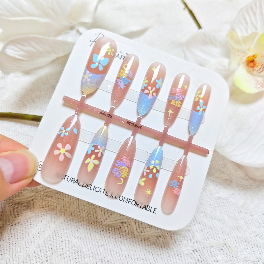 Dream Flower Eye Manicure Prefabricado, fresco y dulce estilo francés para usar 10 piezas de parche de uñas de código dividido
