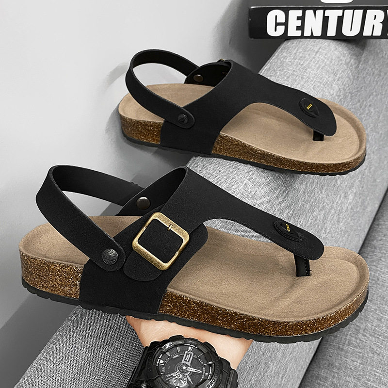 Dép sandal nam quai ngang kẹp chân đế gỗ phong cách Birken, thoáng khí đi biển — Màu đen, Nâu vàng, Trắng be