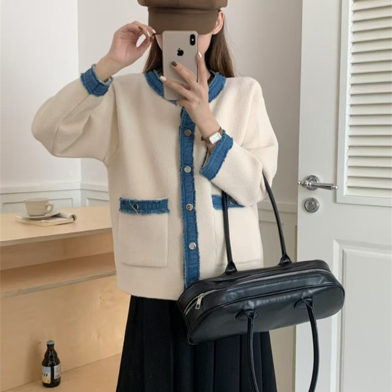 欧美跨境牛仔拼接毛衣外套女宽松慵懒休闲撞色单排扣针织开衫上衣|undefined
