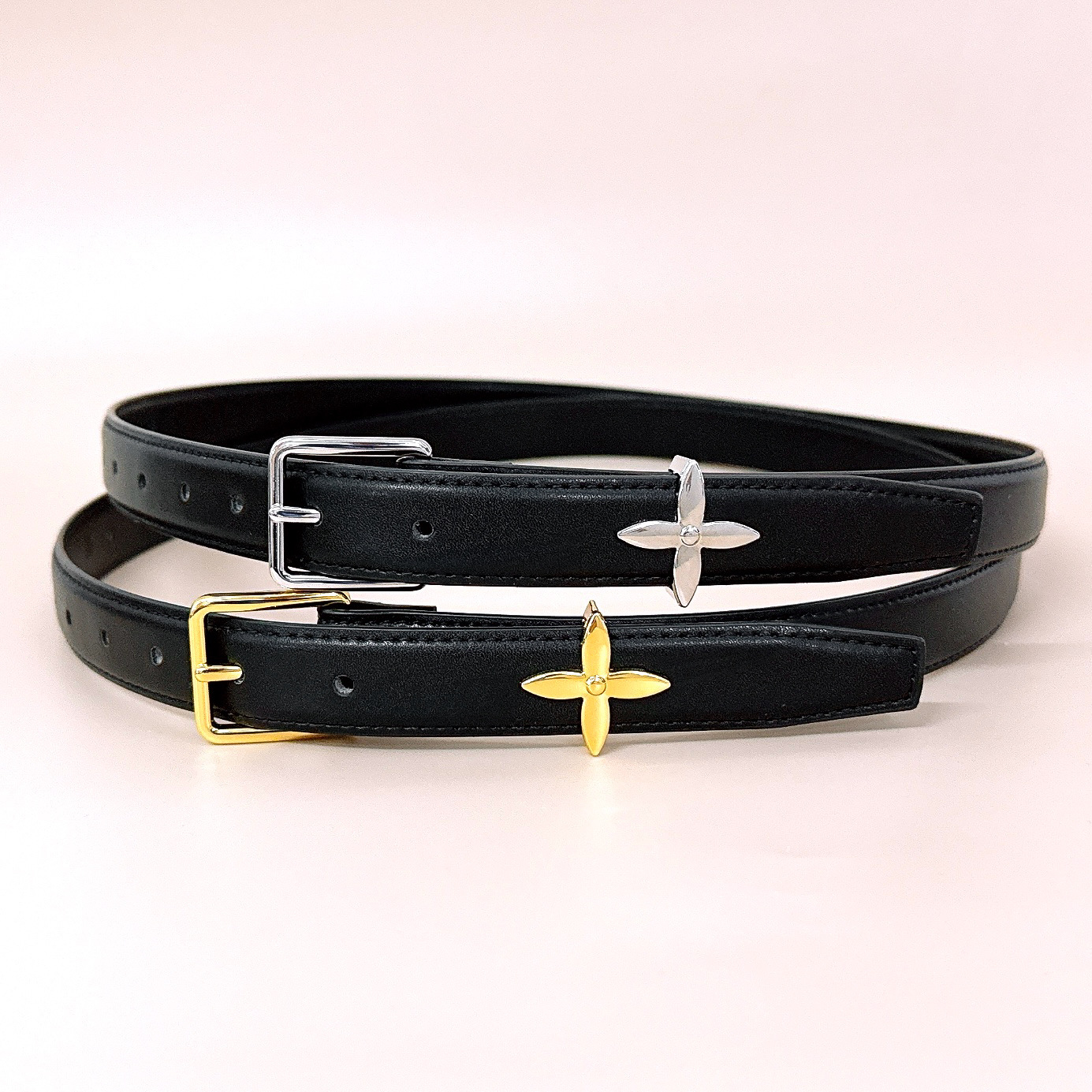 欧美轻奢风金属小花针扣黑色皮带女士裙子西装牛仔裤百搭配饰腰带