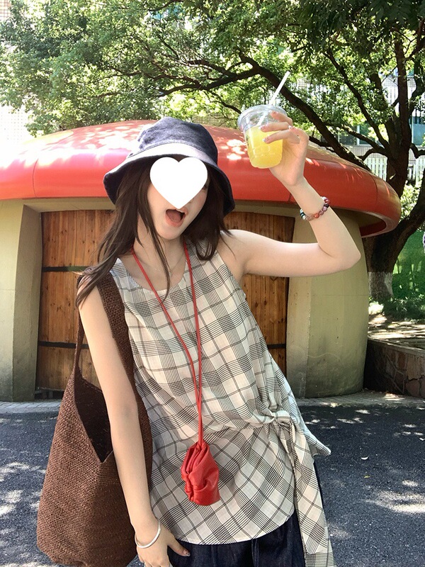【现货】im向 伦敦格调 时髦简系格纹上衣女夏设计感绑带格子背心|undefined