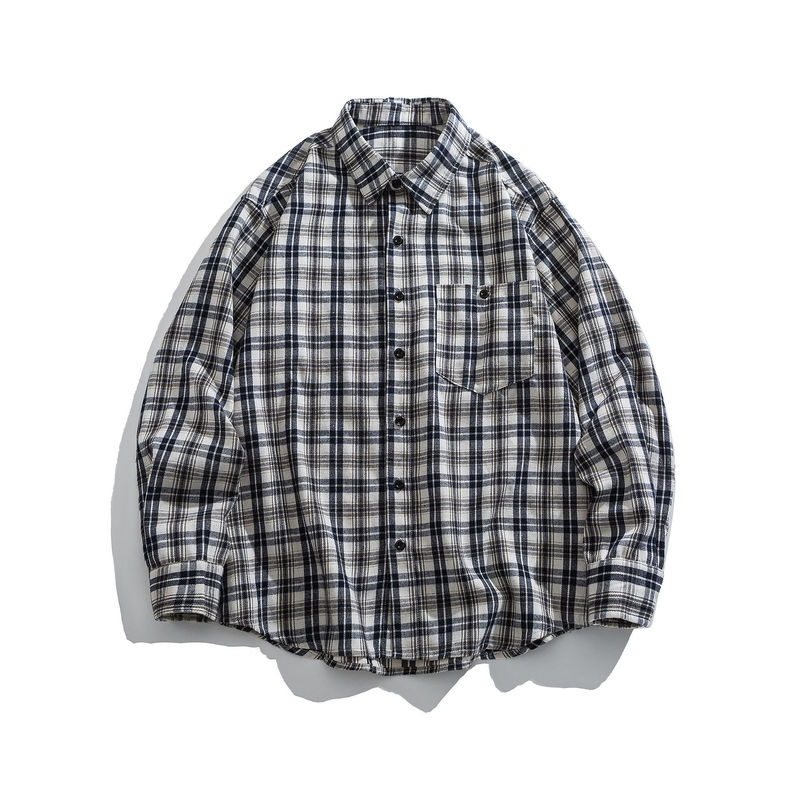 AIKAWASTREE American retro brushed plaid long-sleeve shirt for men, loose and casual style, 2026 trendy shirt