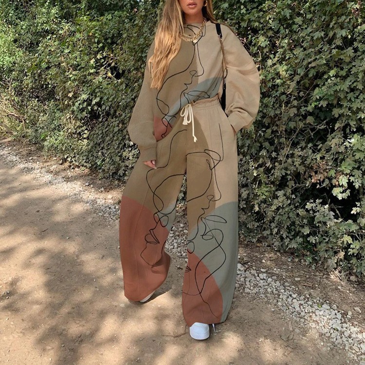 Conjunto de Sudadera Informal con Cuello Redondo y Estampado Holgado para Mujer, Estilo Europeo y Americano, Novedad de Comercio Exterior Transfronterizo para Otoño 2025