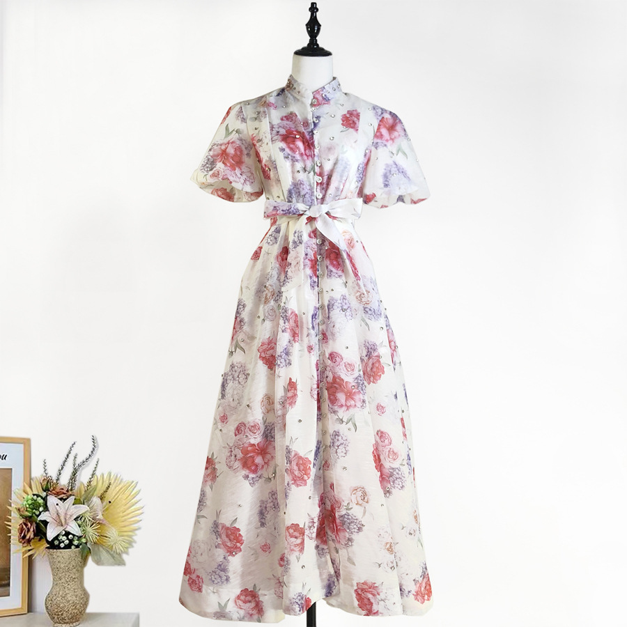Đầm maxi nữ thắt eo cổ đứng tay lồng đèn đính đá phong cách Pháp — Màu trơn xanh lam, Màu trơn trắng, Hoa xanh da trời, Hoa hồng đậm chi tiết 61