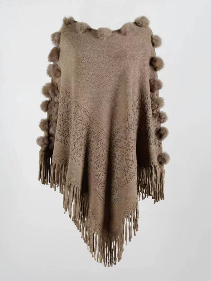 Cape à pompon en poils de lapin pour femme, pull à col rond_voghion.com