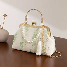 新中式素雅汉服旗袍小众时尚百搭单肩斜挎珍珠手提古风轻奢包包