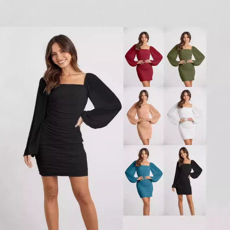 2024 Spring and Autumn Elegant Square Collar Lantern Long Sleeve Pleated Tight Fit dress Stretch Slim Party Cocktail Dress