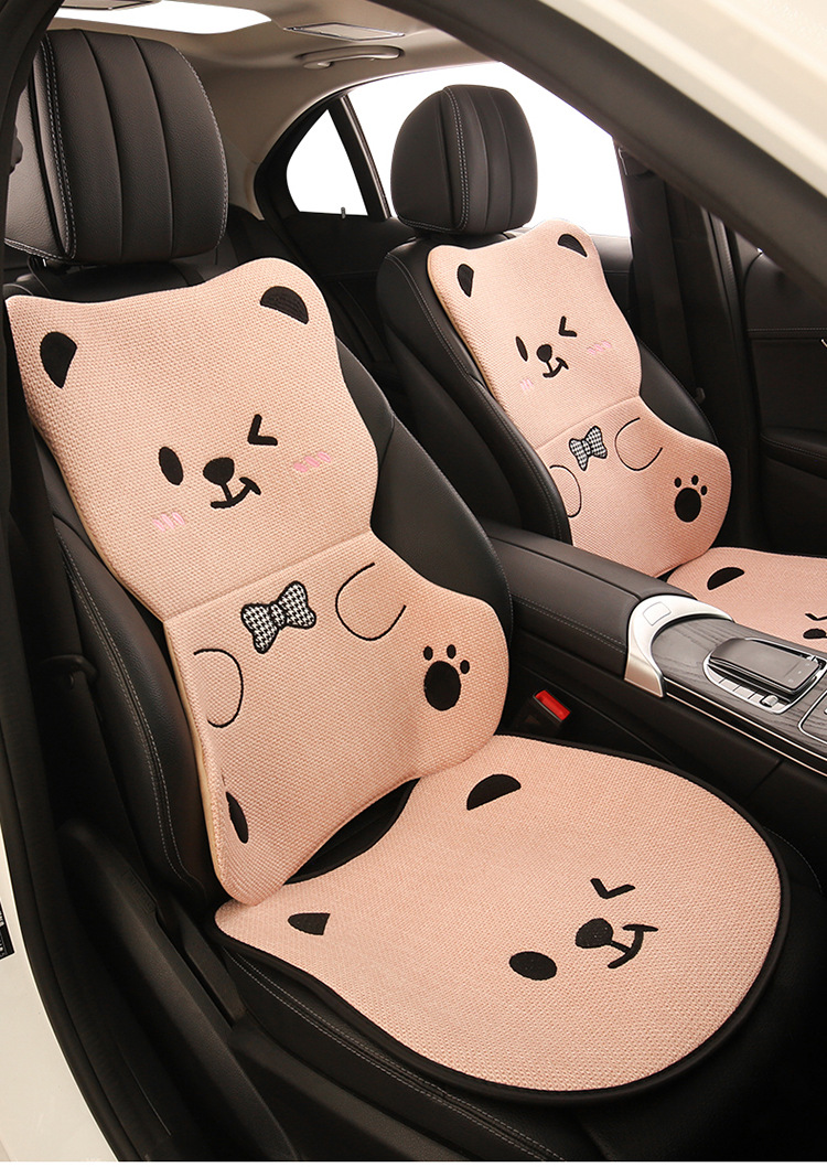 Car Seat Cushion Bear Cartoon Four-Season Universal Non-Slip Anti-Dirt Linen Seat Cover Protective Cover Full-Cover Linen Cartoon