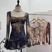 实拍 春夏新款法式方领系带晕染喇叭长袖上衣蕾丝边设计款T恤9980