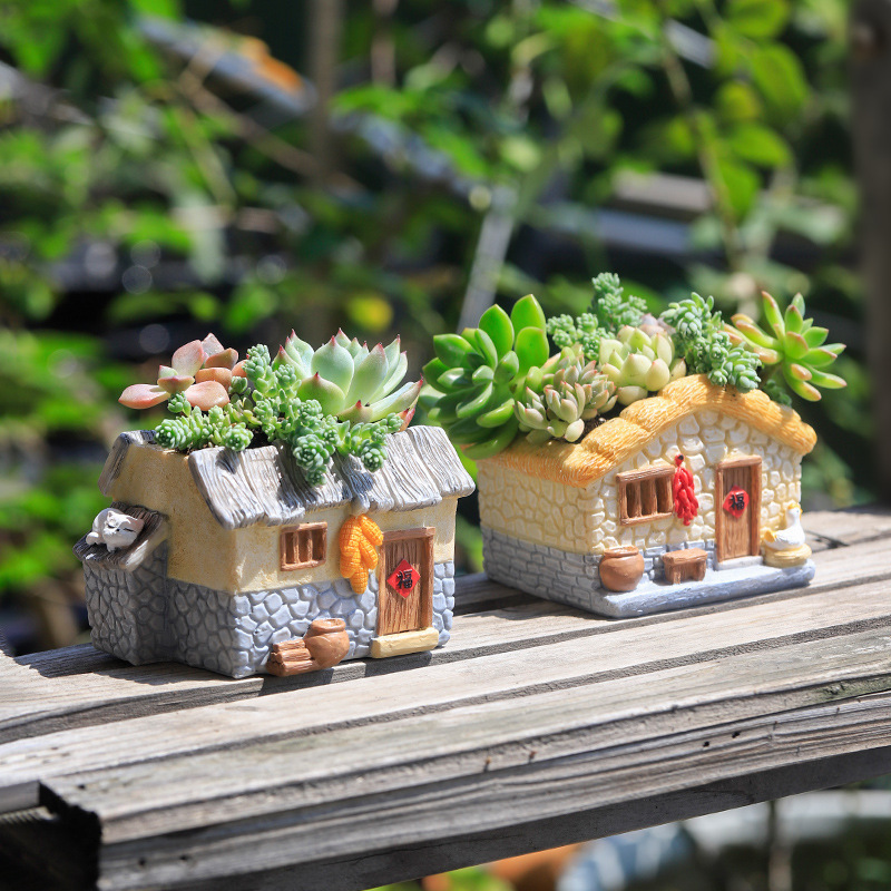 Chậu Cây Resin Chậu cây mọng nước hình nhà đồng quê mini resin, chậu tiểu cảnh để bàn, trang trí nhà và văn phòng (RG-101)