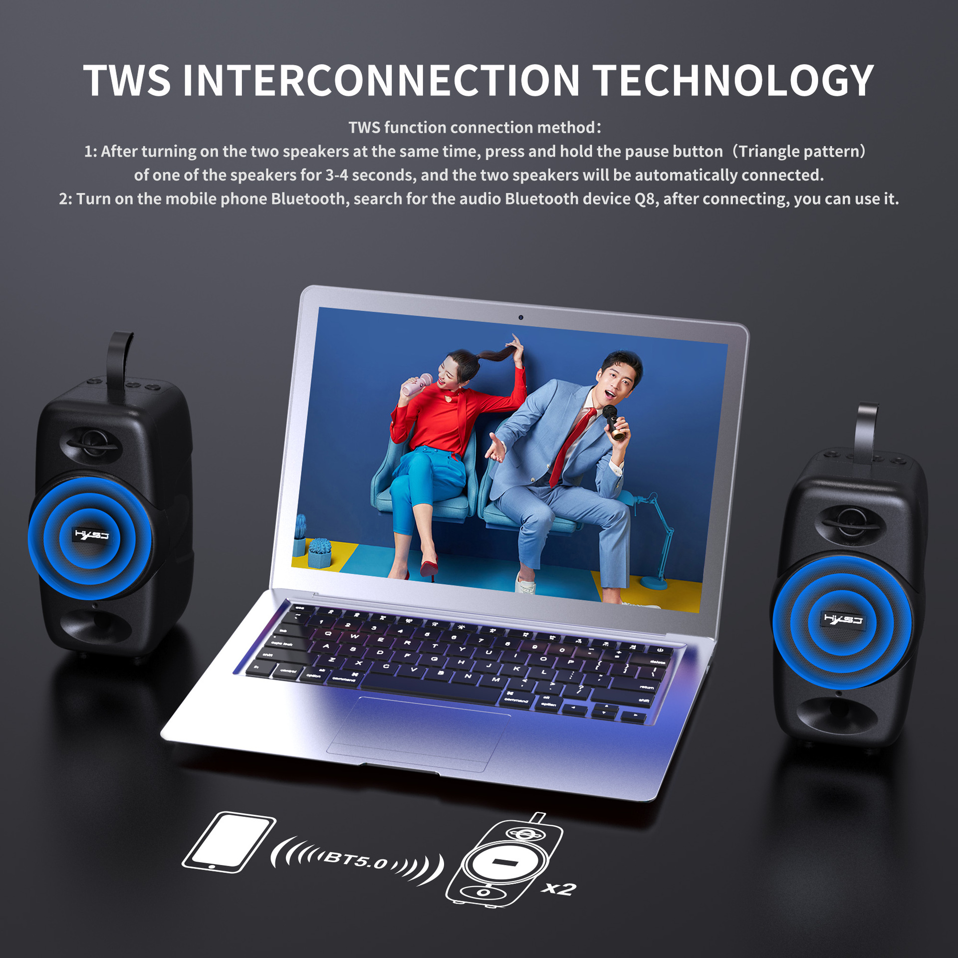 Bezprzewodowy głośnik stacjonarny Q8 Mobile Bluetooth 5.0 Zintegrowany subwoofer 2000 mAh TWS_voghion.com