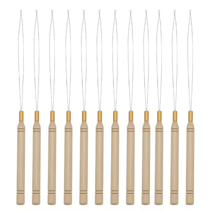 Tenza sucia, hilo de lana, cinta de extensión de cabello, ganchillo de lengua, mango de madera, accesorios de peluca, gancho de sellado, gancho de pelo, gancho de lengua