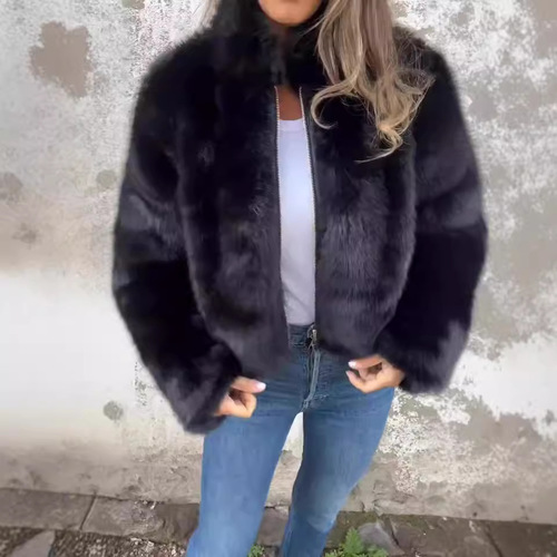 Women's Autumn/Winter US Fashion Fake Fur Collar Zipper Casual Top Jacket