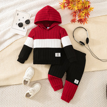 2025跨境新款秋冬童装INS爆款磨毛三拼色连帽卫衣长裤二件套批发