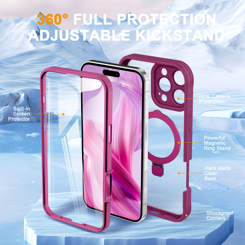iPhone17promax用クロスボーダー対応スマホケース、前面背面一体型保護フィルム、一体型マグネット式スタンド、PC保護ケース|undefined