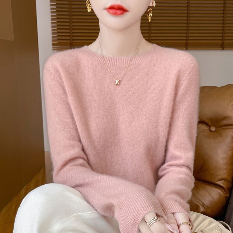 Women's pullover round-neck sweater, loose fit, 100% genuine knit base shirt for autumn and winter layering Women's pullover round-neck sweater, loose fit, 100% genuine knit base shirt for autumn and winter layering