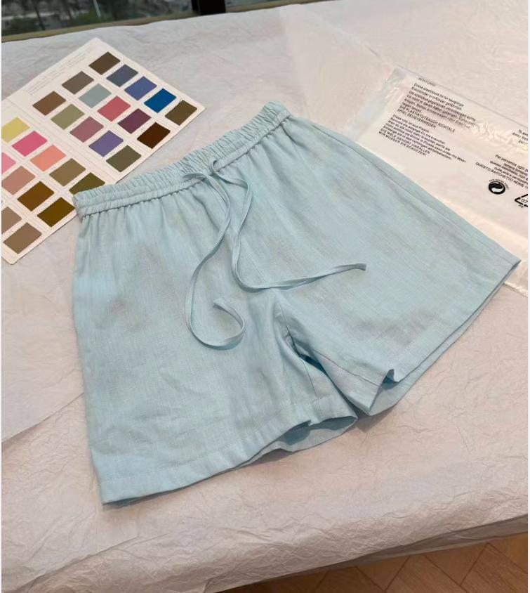 Quần short nữ vải lanh nhập khẩu thiết kế viền tua rua có lót dáng chữ A — xanh lam, màu trắng chi tiết 1