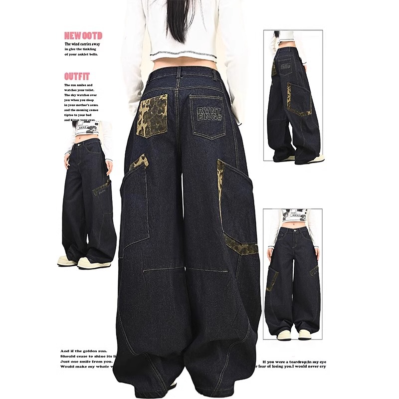 American leopard print splicing large pocket work jeans for women in autumn 2024 new loose wide-leg floor trousers
